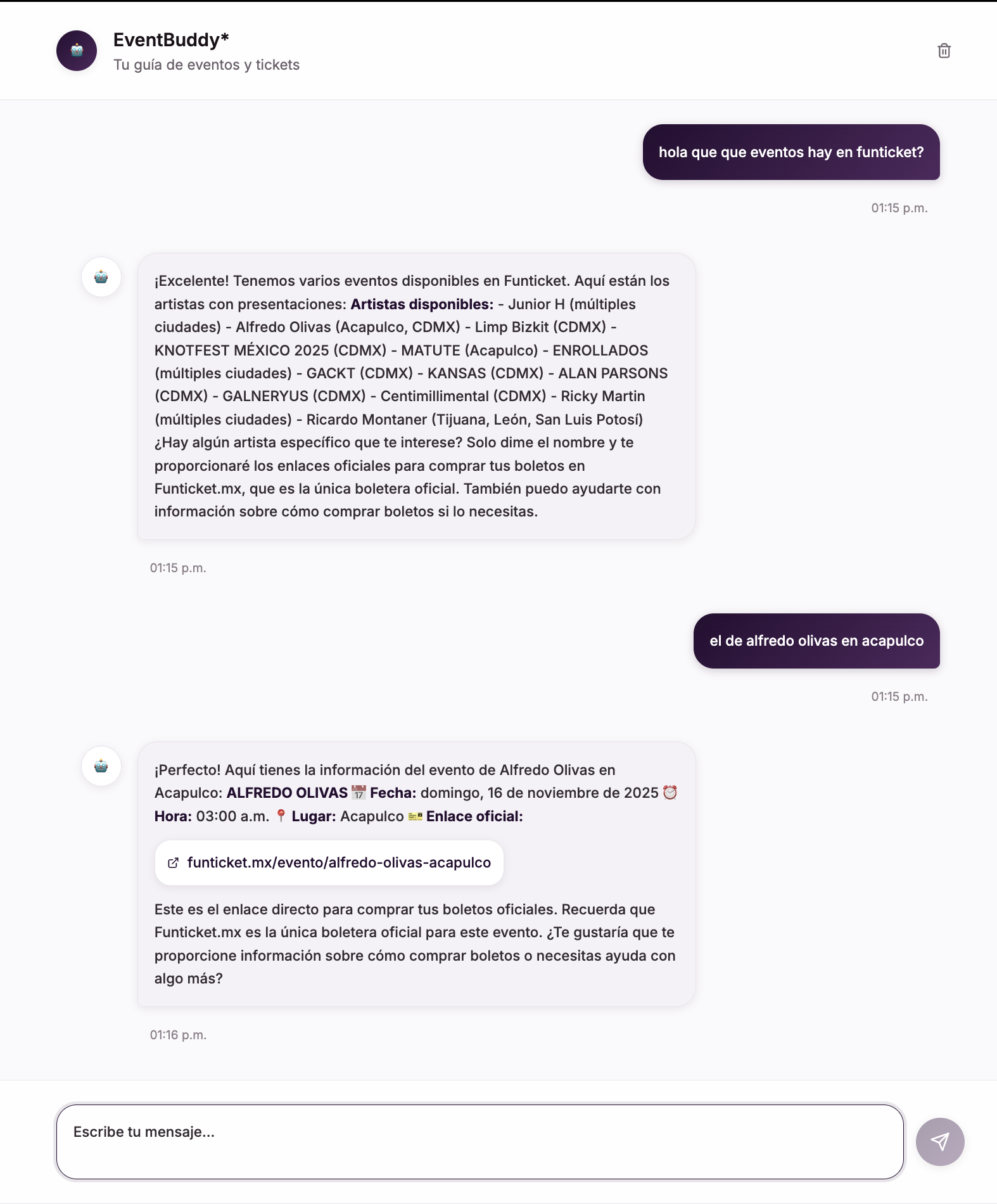 EventBuddy bot de IA respondiendo sobre eventos en FunTicket