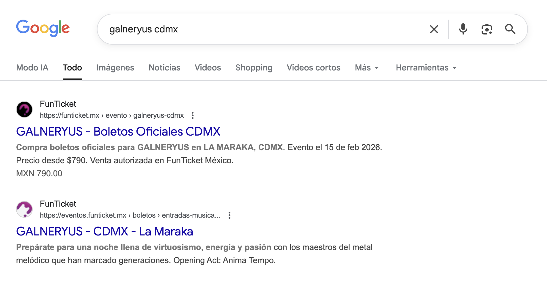 Posicionamiento #1 en Google para Galneryus CDMX - FunTicket