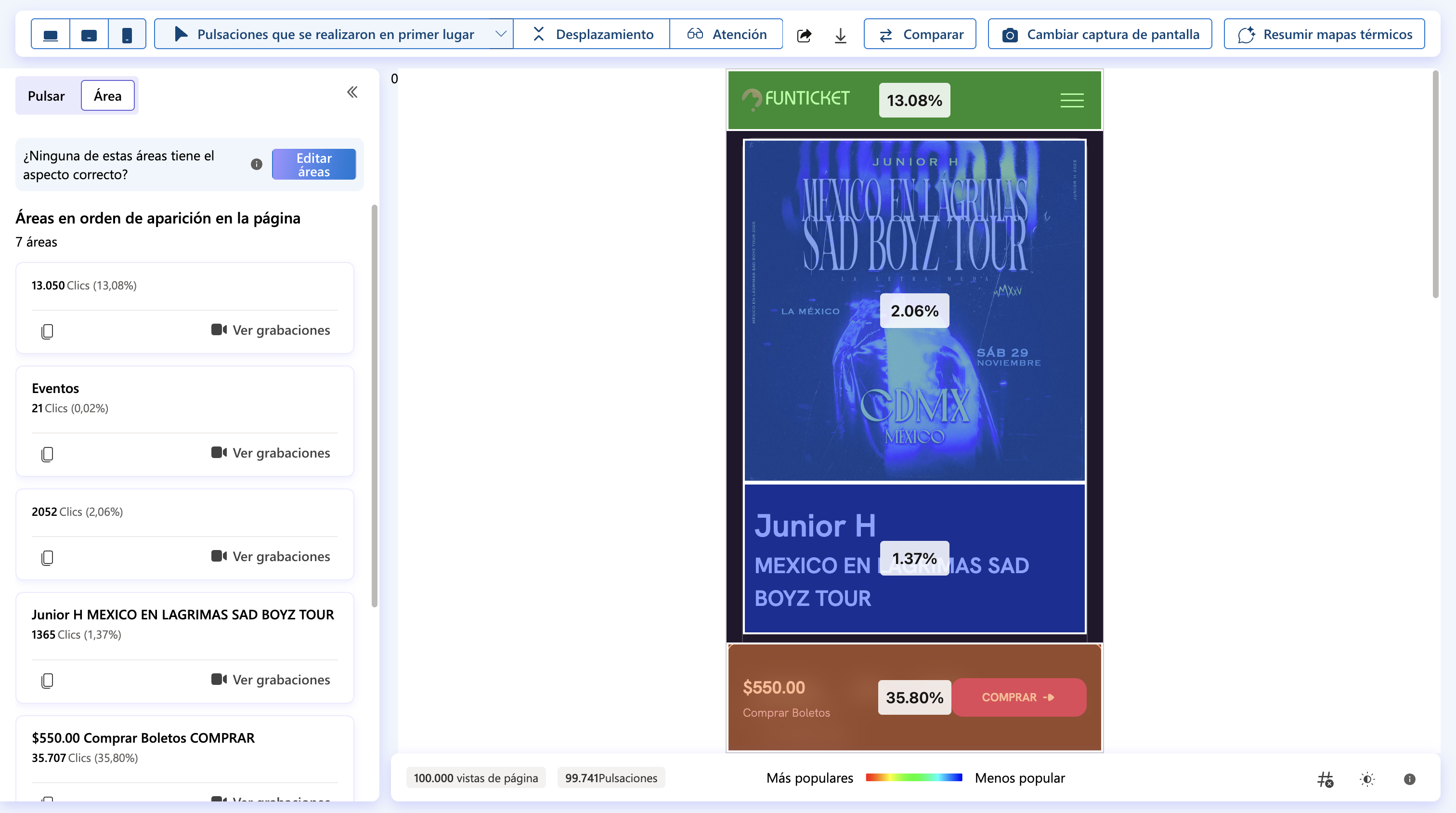 Mapa de calor de clicks en página de Junior H - 100K vistas, 99.7K pulsaciones